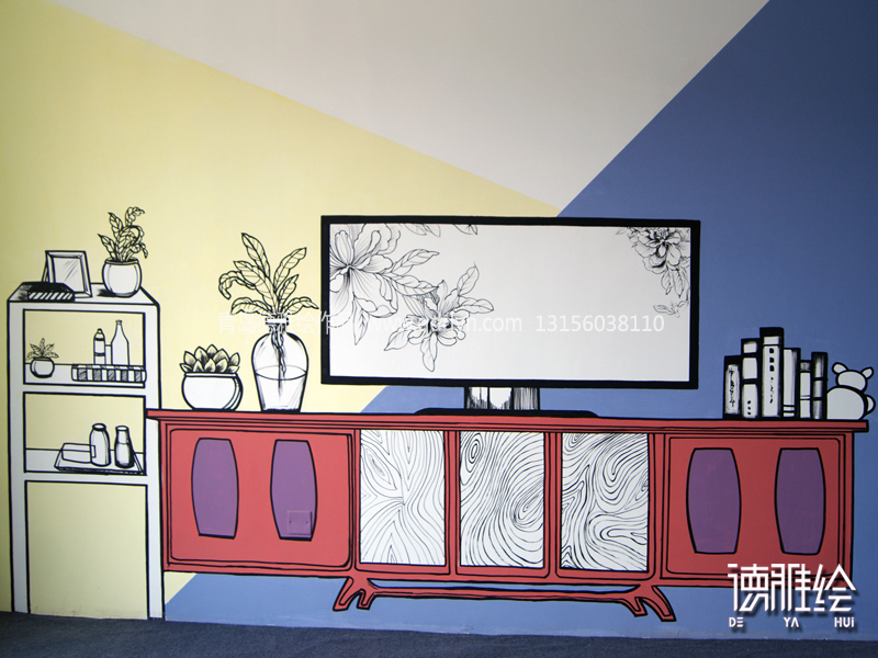样板间彩绘-青岛保利香雪山洋房样板间彩绘-电视墙