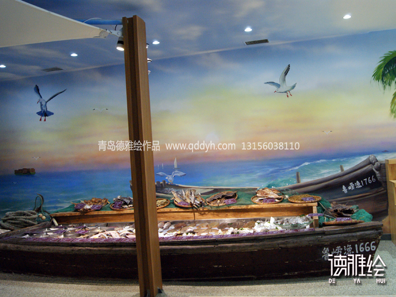 青岛夕阳海景手绘墙