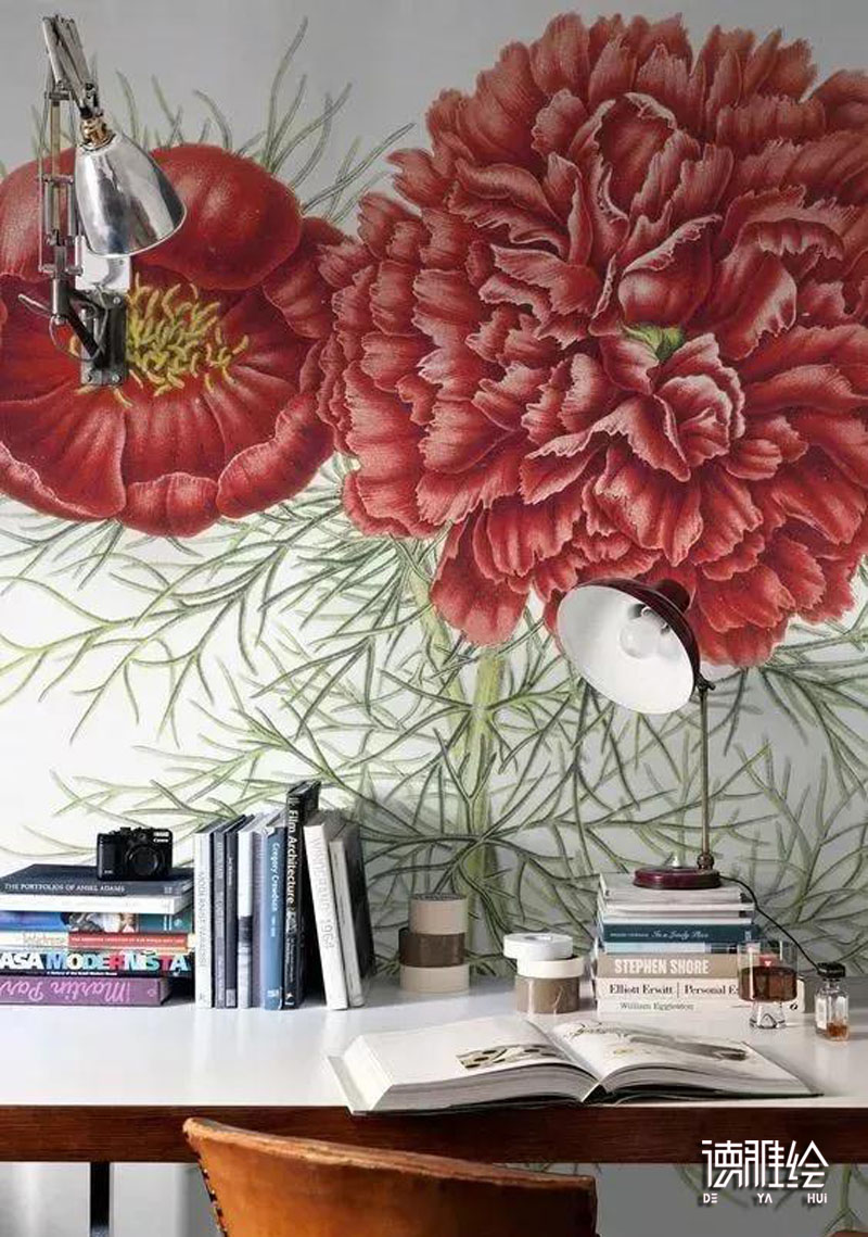 家装背景墙手绘-书桌墙花卉手绘效果