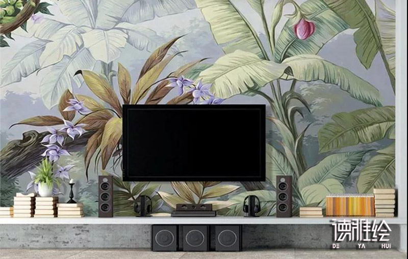 家装背景墙手绘-电视墙雨林植物手绘效果