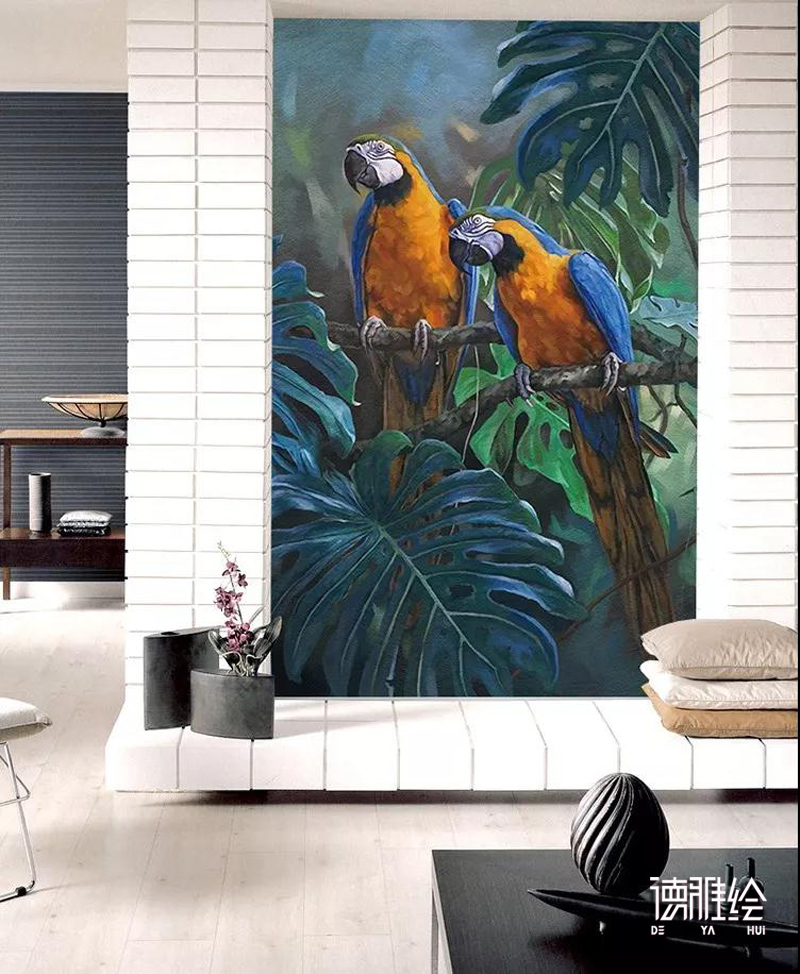 家装背景墙手绘-沙发墙鹦鹉手绘效果