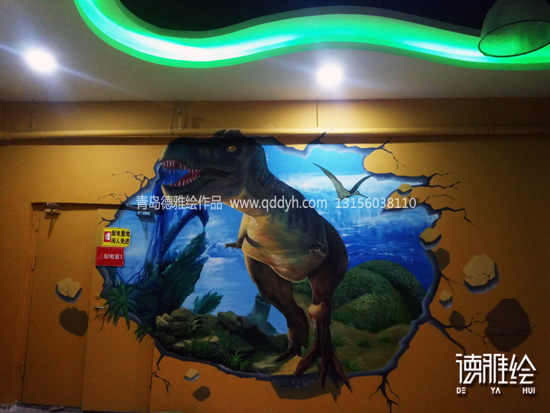 游乐场墙绘-青岛海洋贝贝(汀Twon店)游乐场墙绘-手绘恐龙